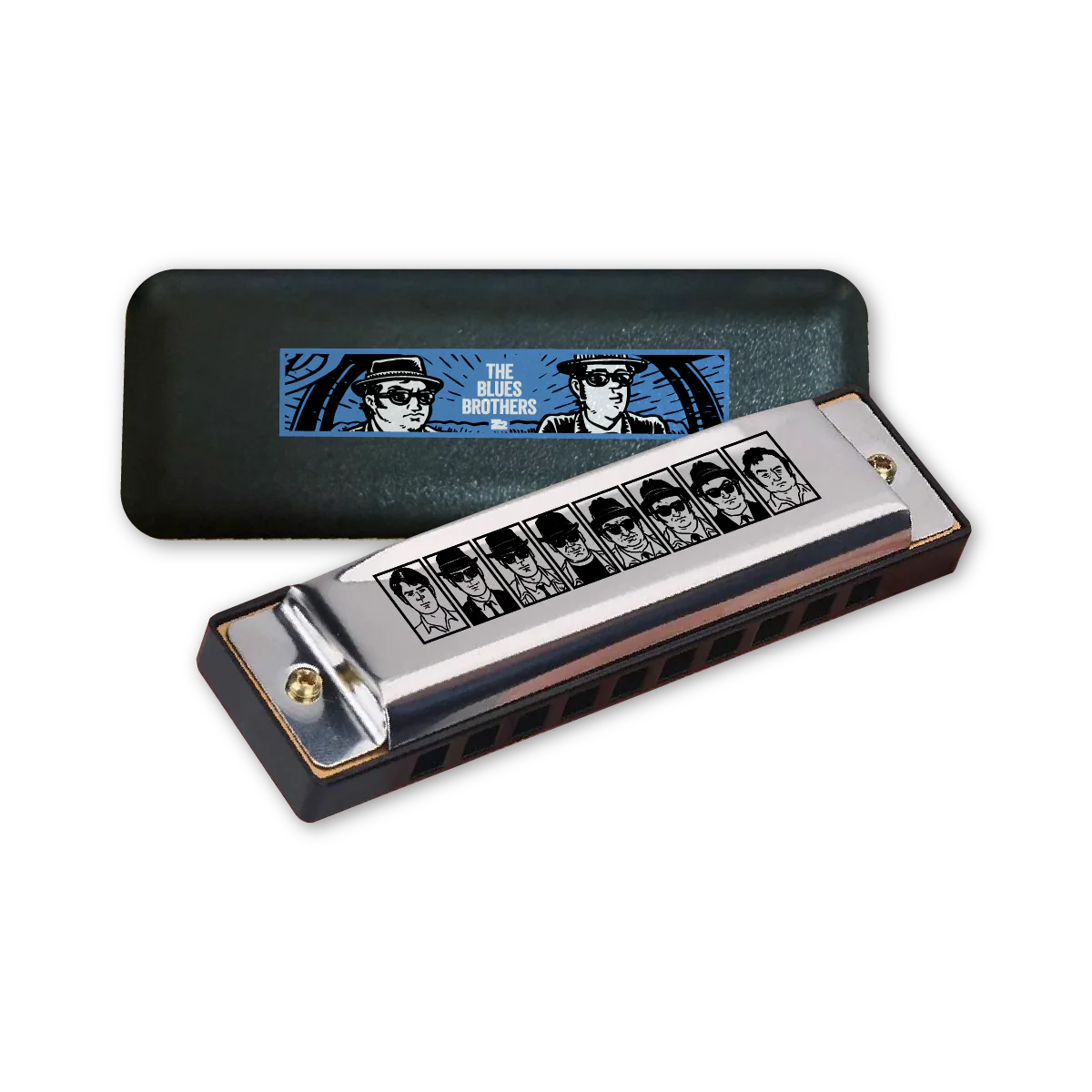 Custom Blues Brothers-branded Harmonica + Case